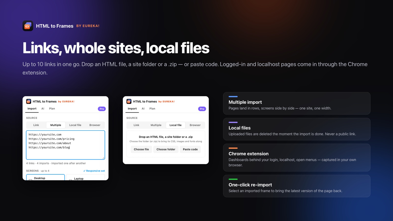 Import from a link, several links, local files, a Chrome tab or AI tools